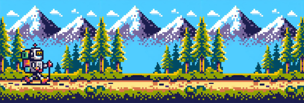 An 8-bit pixel art illustration of a robot hiking on a mountain trail, wearing a backpack and holding a hiking stick.