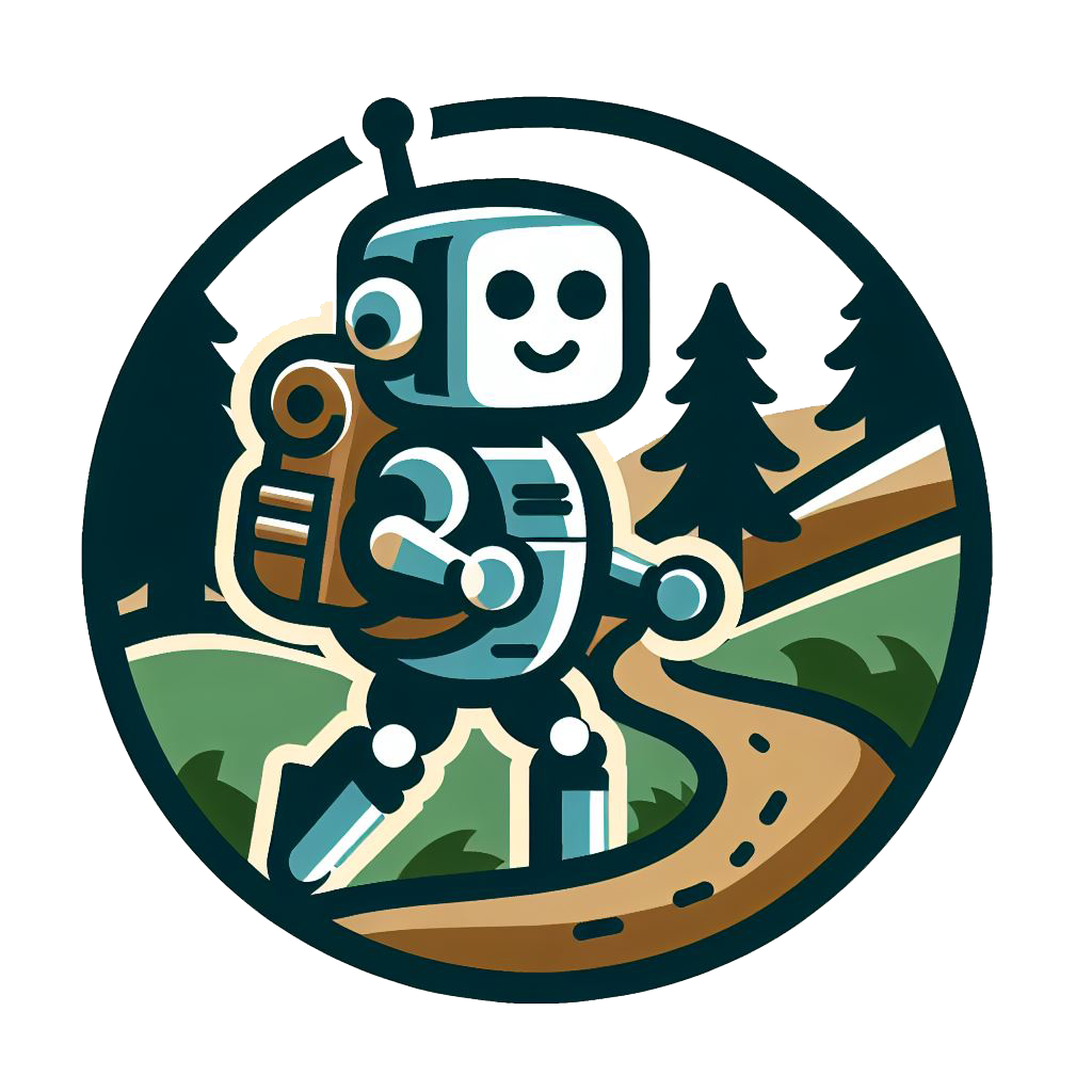 TRAILblazer Lab Logo - Robot hiking on a trail with a backpack